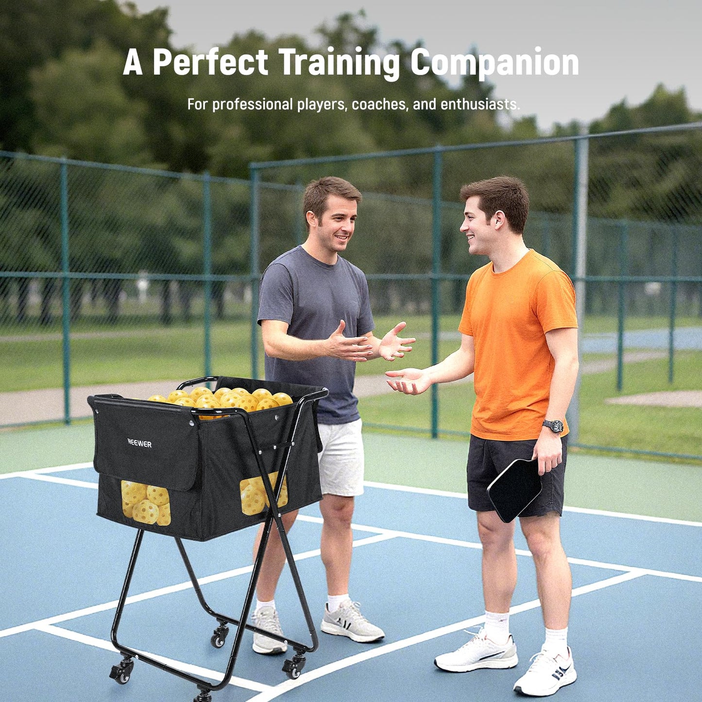 NEEWER Tennis Ball Hopper Pickleball Caddy with Wheels, Rolling Collector Basket Cart Holder for 140 Pickleballs 175 Tennis Balls Pickup Tennis Court Equipment Accessory for Training Teaching, PB01X