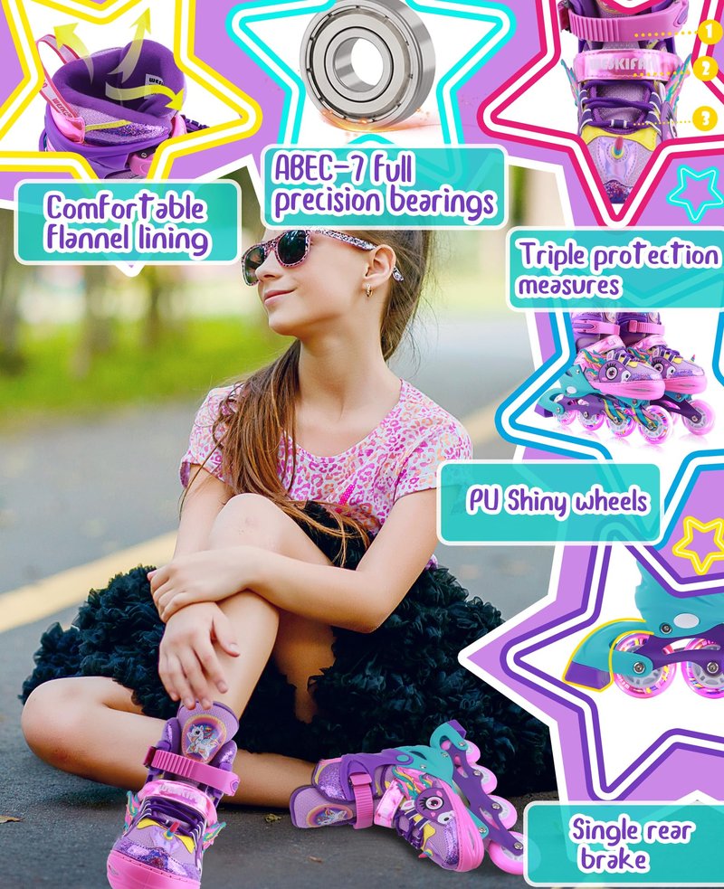 WESKIFAN Unicorn Kids Inline Skates for Girls Women, Rainbow Blades Skates with Shiny Light up Wheels&Adjustable Ages 6-8-12 Year Old, Roller Skates for Birthday Xmas Gifts Toys, Patines para Niñas