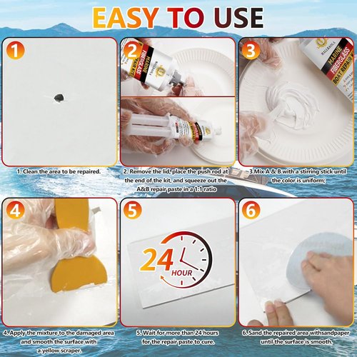 Marine Fiberglass Repair Kit for Boats, Gel Coat Repair Kit for Boats, Epoxy Filler for Fiberglass Boats Fix Holes, Chips and Deep Cracks, Gelcoat repair kit for Fiberglass, Acrylic, Porcelain(White)