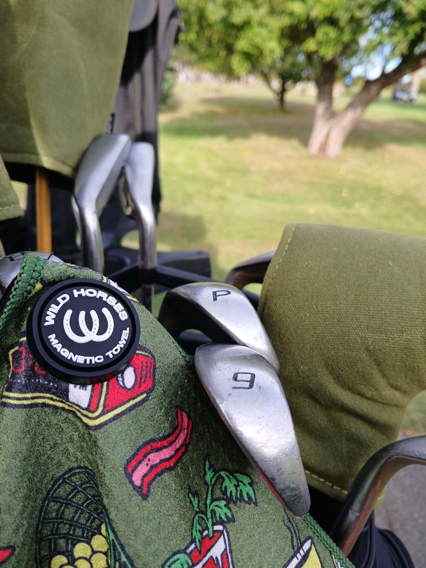 Wild Horses Magnetic Golf Towel 18x18 Microfiber Waffle Weave Style with Breakfast Ball Golf Towel Magnet & Clip - Quick Dry Magnetic Towel for Men and Women - Green