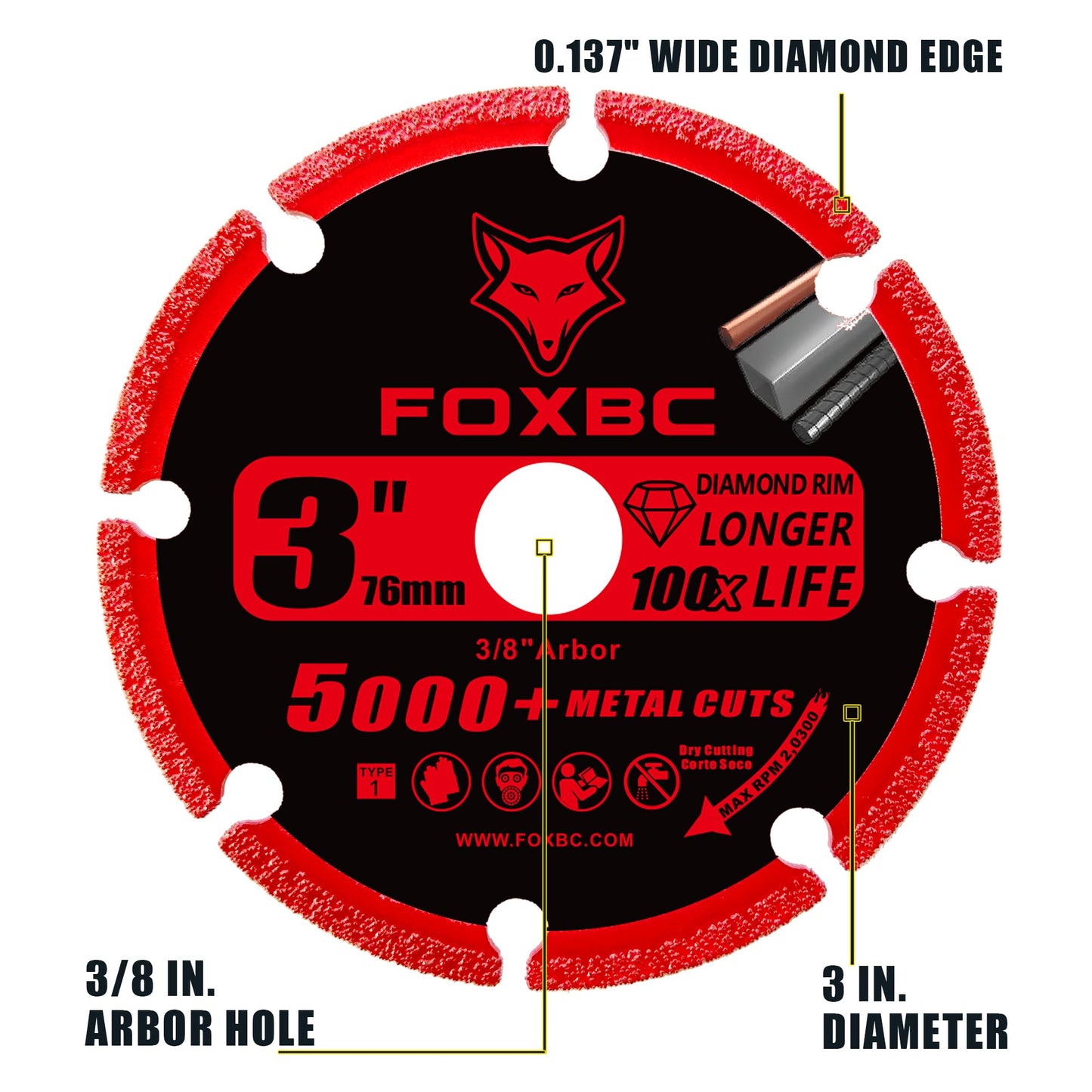 FOXBC 3 Inch Diamond Cut Off Wheel with 5000+ Metal Cutting on Rebar, Stainless Steel, Angle Iron, 3/8" Arbor - 3 Pack