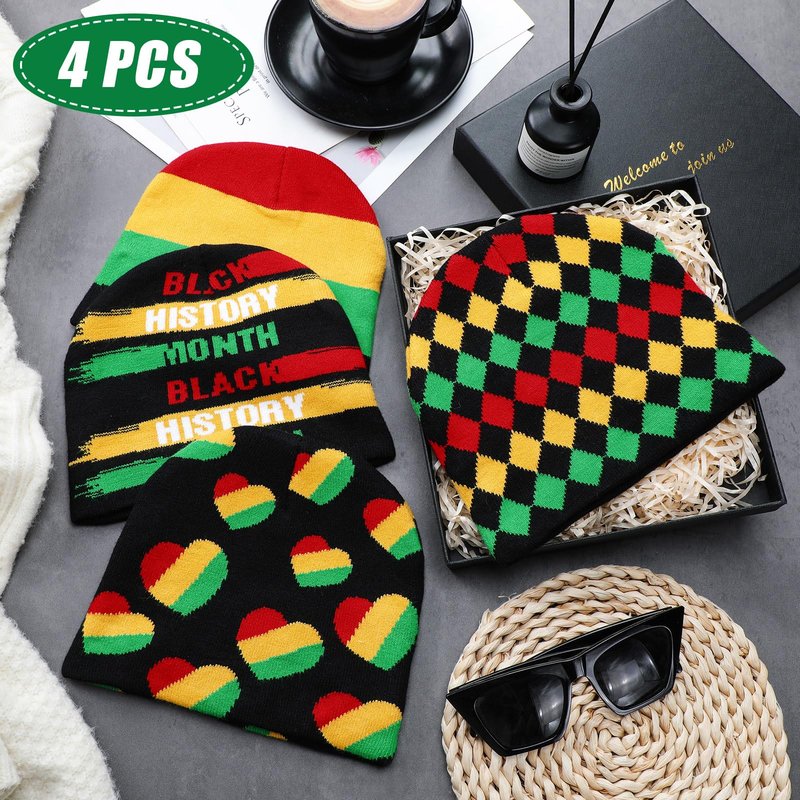 Mepase 4 Pcs Black History Month Beanie Hat for Men Women Knit Casual Classic Warm Hats Winter Cap for African Black History Month American