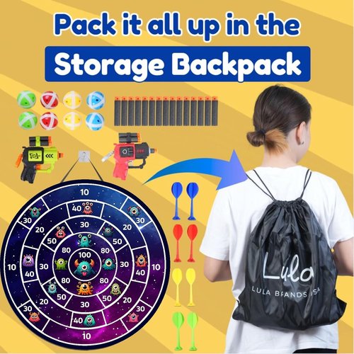 Lula Brands Dart Board - Double-Sided Indoor/Outdoor Game for Kids | 29” with Sticky Darts & Backpack