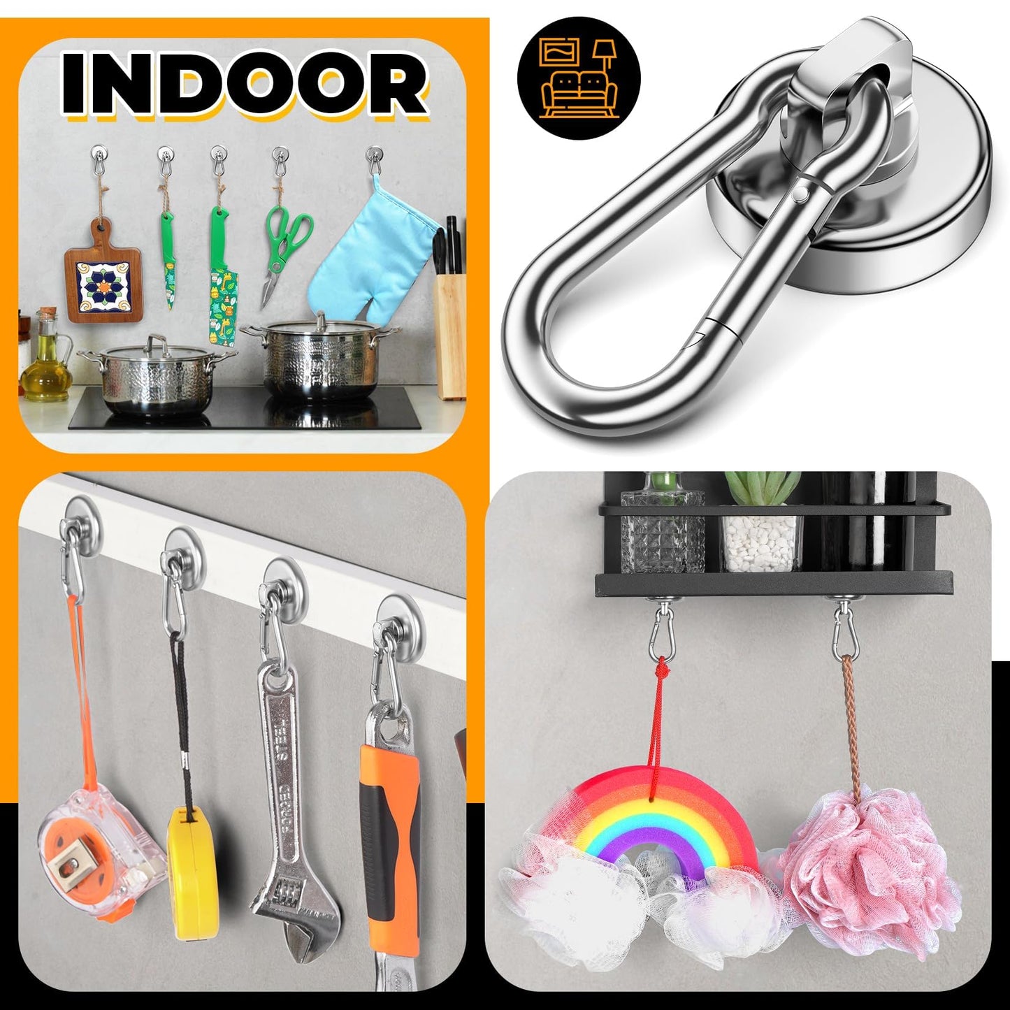 VNDUEEY Strong Magnetic Hooks, 6 Pack 70Lbs Neodymium Grade-52 Magnet Hooks Heavy Duty, Magnets with Swivel Carabiner Hook for Hanging, Cruise, Garage, Refrigerator, Kitchen, Office, Home