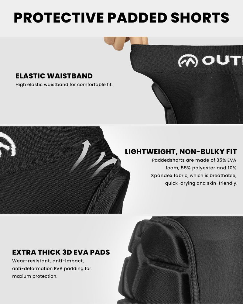 OutdoorMaster Padded Shorts for Snowboarding, Skate and Skiing - 3D Protection EVA Pad Impact Shorts for Hip Butt and Tailbone, Snowboard Protective Gear Guard - 3 Size for Men, Women and Youth