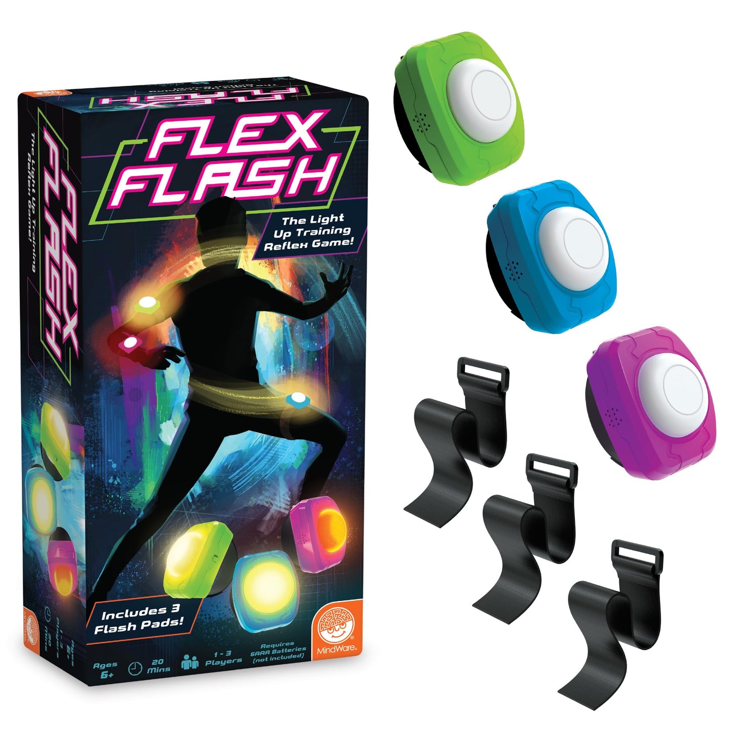 MindWare Flex Flash Reflex Training Game for Kids & Adults – Fast-Paced Reaction Speed Game with Wearable Light-Up Pads, 1–3 Players, Ages 6+
