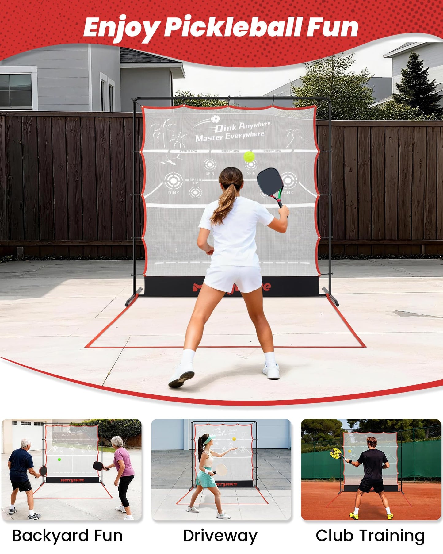 MerryMove Pickleball Rebounder Practice Net: 6FT Strong Metal Frame Pickleball Trainer Net, Portable for Outdoor Driveway Backyard and Indoor Garage Training Rebounder for Dink Volley Tennis
