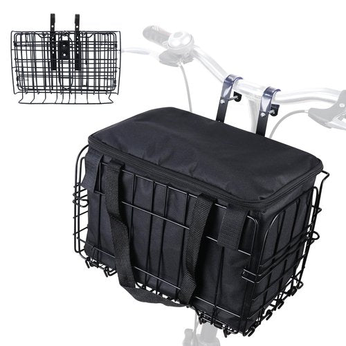 Large Capacity Folding Bike Basket Front/Rear, Heavy Duty Bicycle Basket with Removable Liner Bag, Deformation Resistant and Easy to Install (Bike Basket Front)