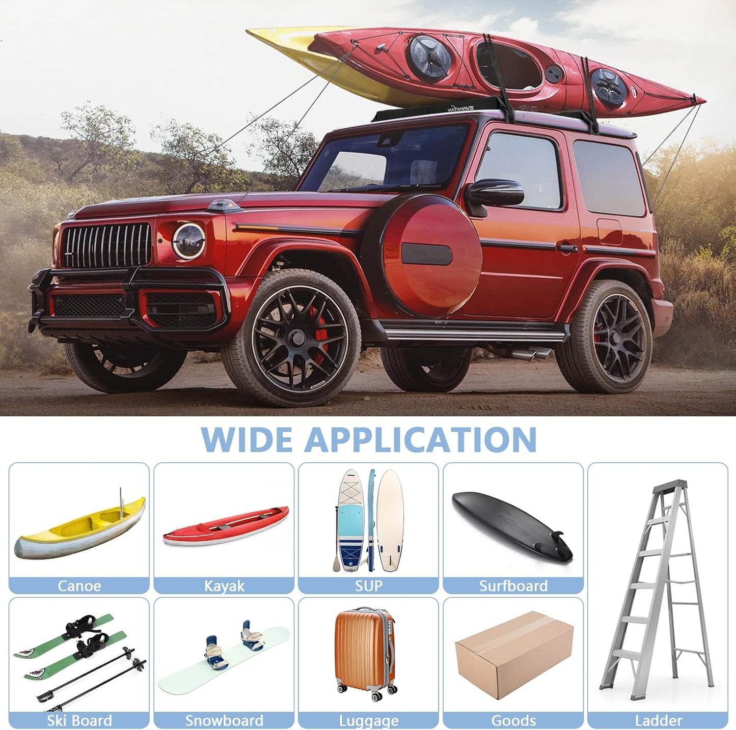WOOWAVE Folding Kayak Carrier - Soft Roof Rack Pads with 4 Tie Down Straps & Storage Bag | Universal Fit for Canoe, Surfboard, SUP