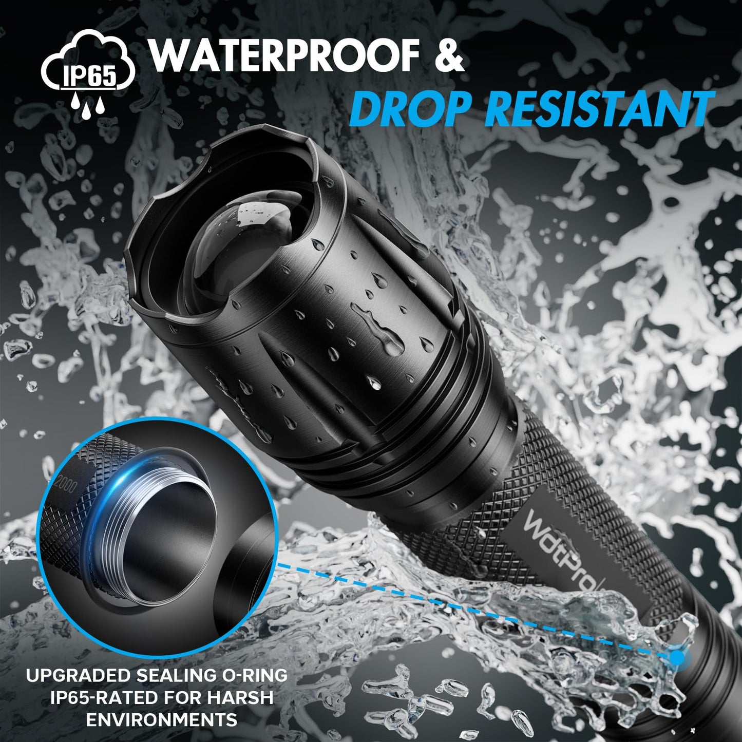 WdtPro LED Flashlight High Lumens SR2000 Pro, 4 Pack Brighter Tactical Flashlights with 5 Modes & Zoomable, Powerful Mini Flash Light for Emergency, Camping, Hiking (Black)