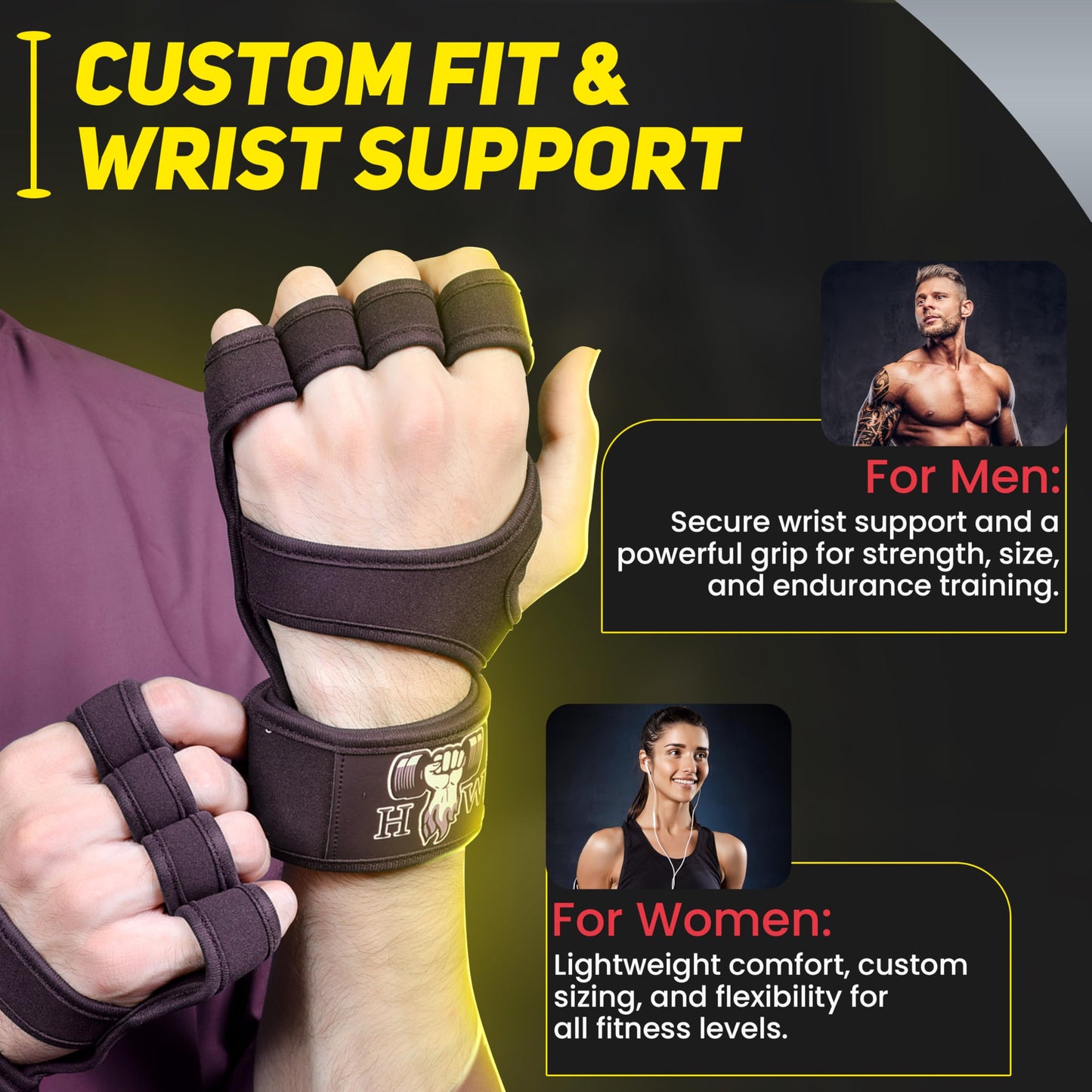 HW Weight Lifting Gloves – Built-in Wrist Wraps for Unbeatable Support in Gym, Crossfit & Strength Workouts (Men & Women) (Large)