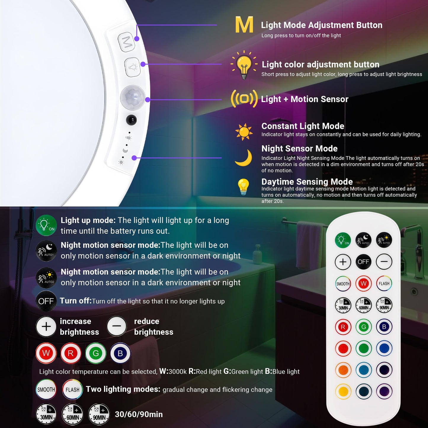 Rodalims Shower Lights for Inside Shower - 1 Pack Rechargeable Ceiling Light with Remote, Color Changing & White Timing Light, Motion Sensor Battery Powered Shower Lamp for Bathroom Closet Patio