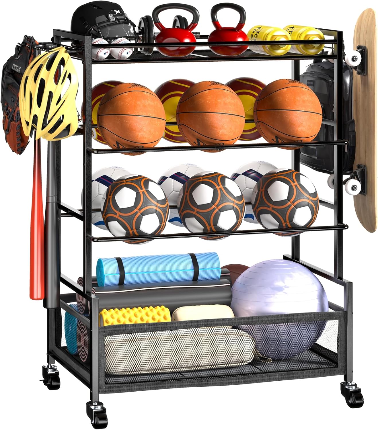 SOYEEZE Sports Equipment Organizer - 4-Tier Ball Storage Rack with Wheels & Hooks for Garage or Gym Use