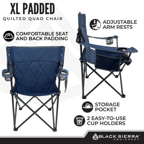 Black Sierra Oversized Camping Folding Chair, Heavy Duty Outdoor Seat Supports 300 lbs with Steel Frame, Collapsible Quilted Padded Plaid Camp Bag Chair for Tailgating, Sports Games Patio