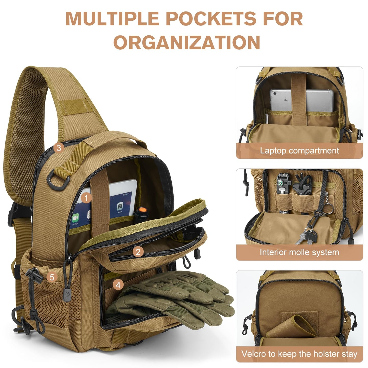 G4Free Tactical Sling Bag for Men Women, EDC Concealed Carry Bag (Khaki)
