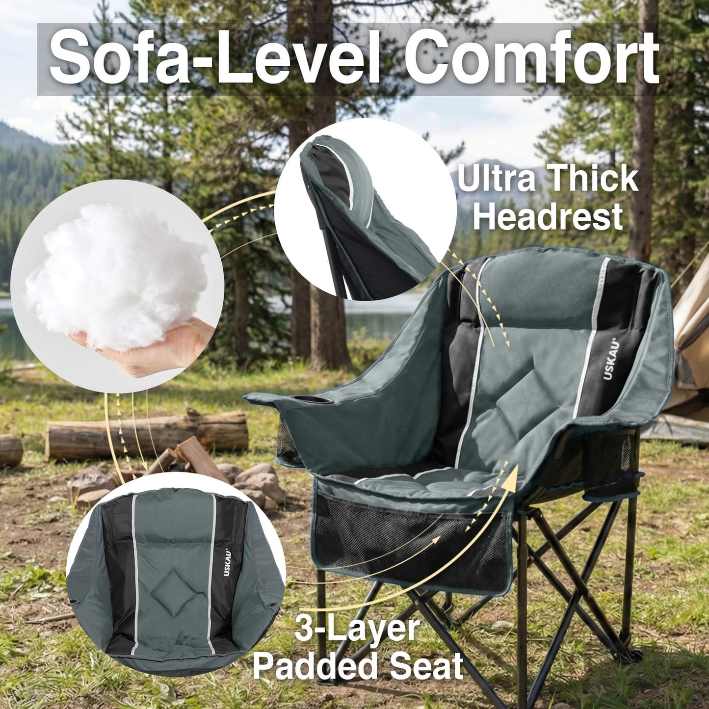 Oversized Camping Chair for Adults - Heavy Duty 400 lbs Padded Folding Chair with Wine Glass Holder, 2 Cup Holders & Side Pockets, Portable Carry Bag for RV, Tailgating, Lawn