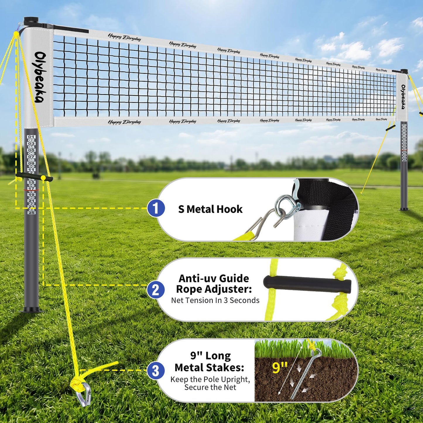 32ft / 20ft Portable Outdoor Volleyball Net Set for Grass Backyard Beach with 1.25" Height Adjustable Steel Poles, 28-ply Durable PE Net, PU Volleyball & Pump, Carry Bag (White, 32ft)