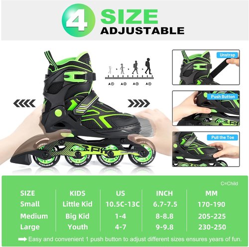 2PM SPORTS Torinx Green Adjustable Inline Skates - Fun Beginner Roller Skates for Kids & Adults