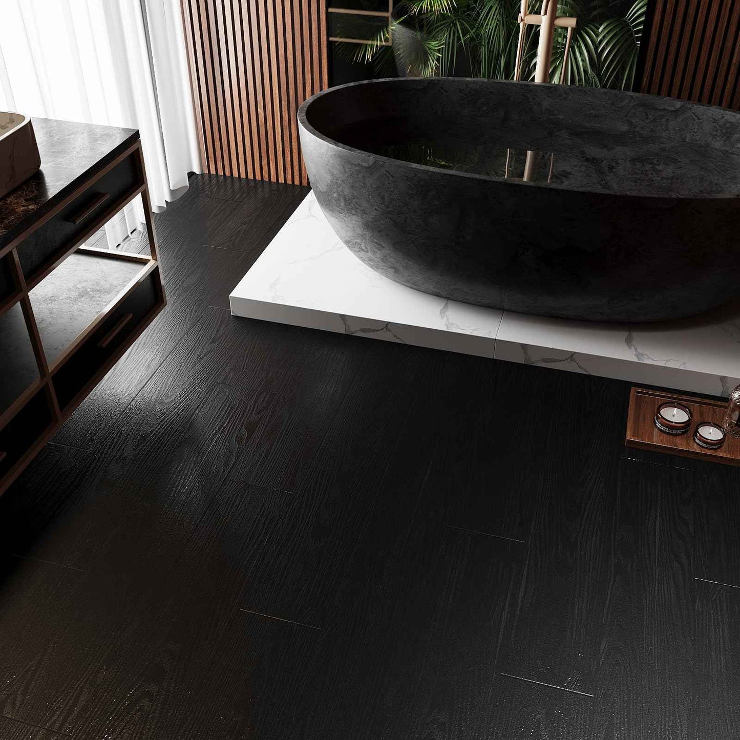 VEELIKE Black Peel and Stick Floor Tile Waterproof Vinyl Plank Flooring with Low Gloss Finish Adhesive Wood Look Flooring 32-Pack 47 Sq. Ft. Sticky Floor Tiles for Bedroom Bathroom Kitchen 6''x36''