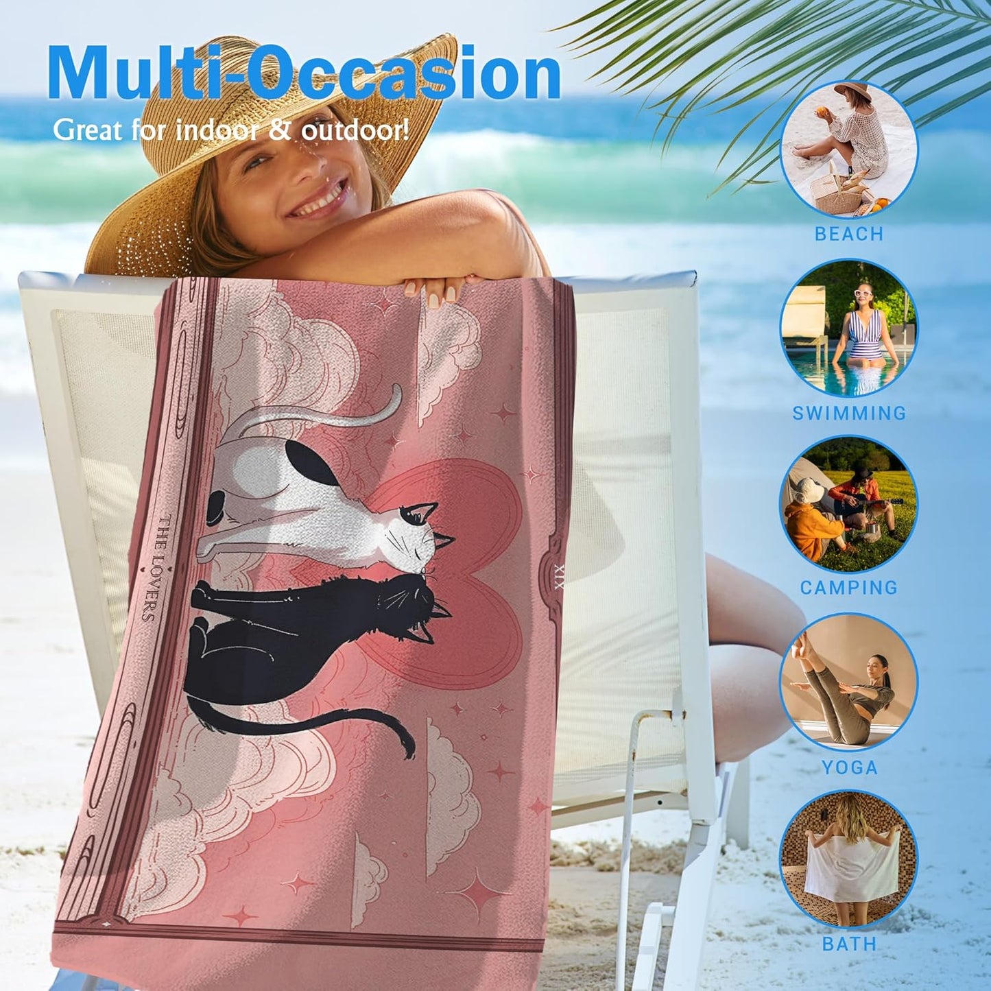 Skiennix Pink Cat Beach Towel - Oversized Quick Dry Towel for Valentine’s Day | 30x60in Travel Gift
