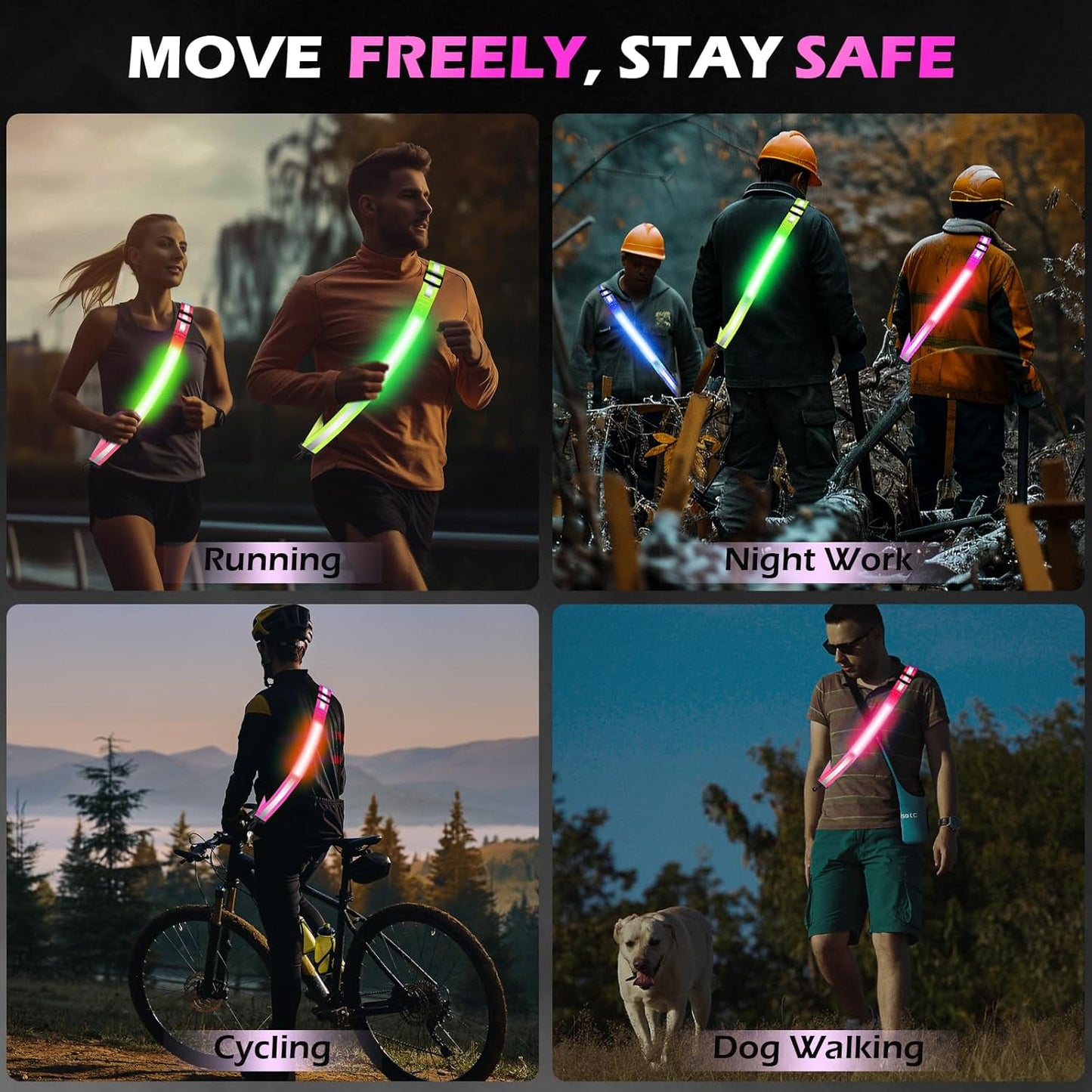Rechargeable LED Reflective Belt Sash - High Visibility Safety Gear with 11 Light Modes | Adjustable for Night Dog Walking, Running & Biking