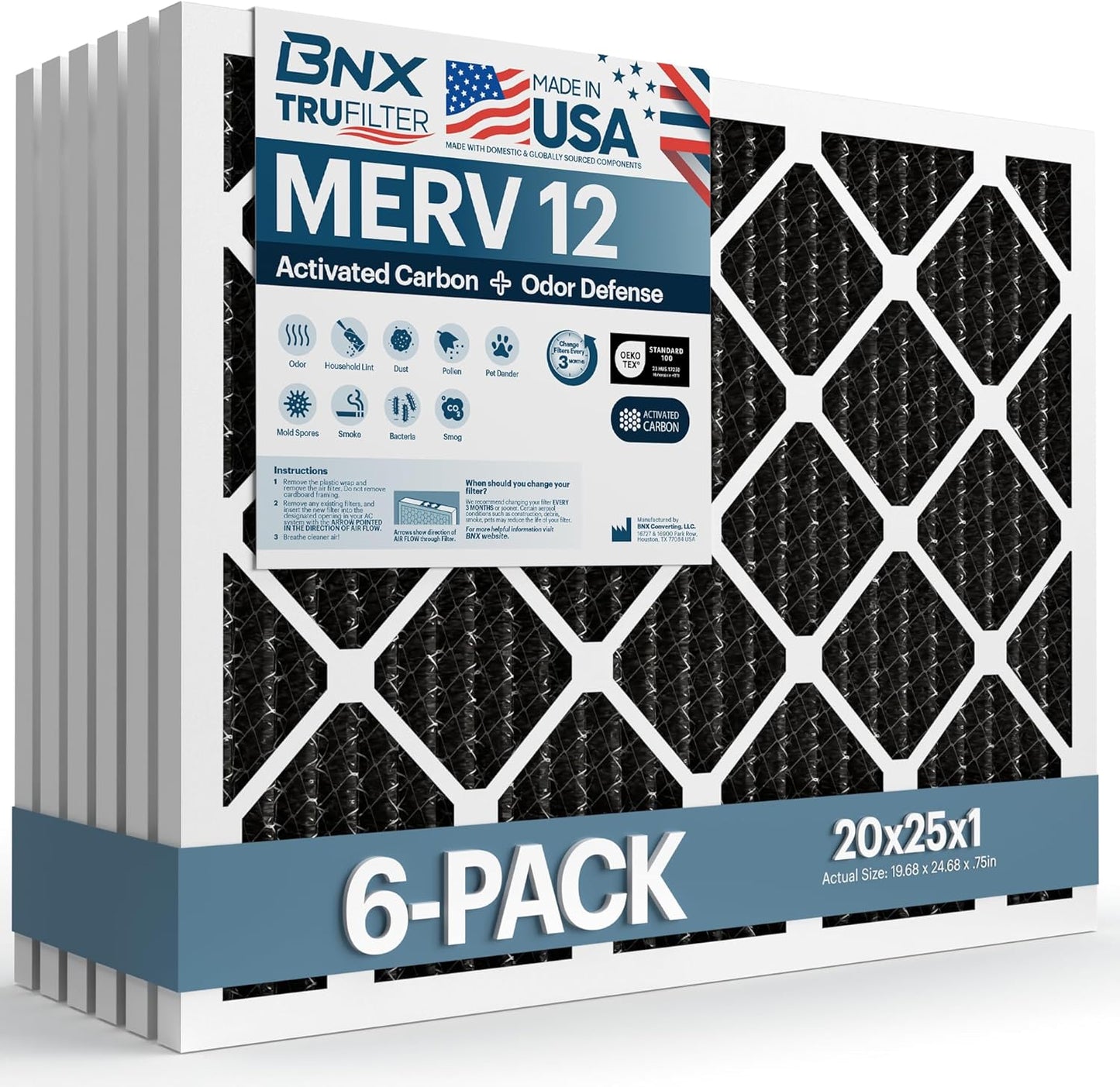 BNX TruFilter 12x12x1 MERV 8 Air Filters (6-Pack) - USA-Made Dust & Pet Defense for HVAC