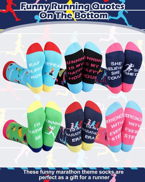 Glitopper 6 Pairs Funny Runner Socks for Women Novelty Running Socks Track and Field Gift for Women Spring Marathon Lover