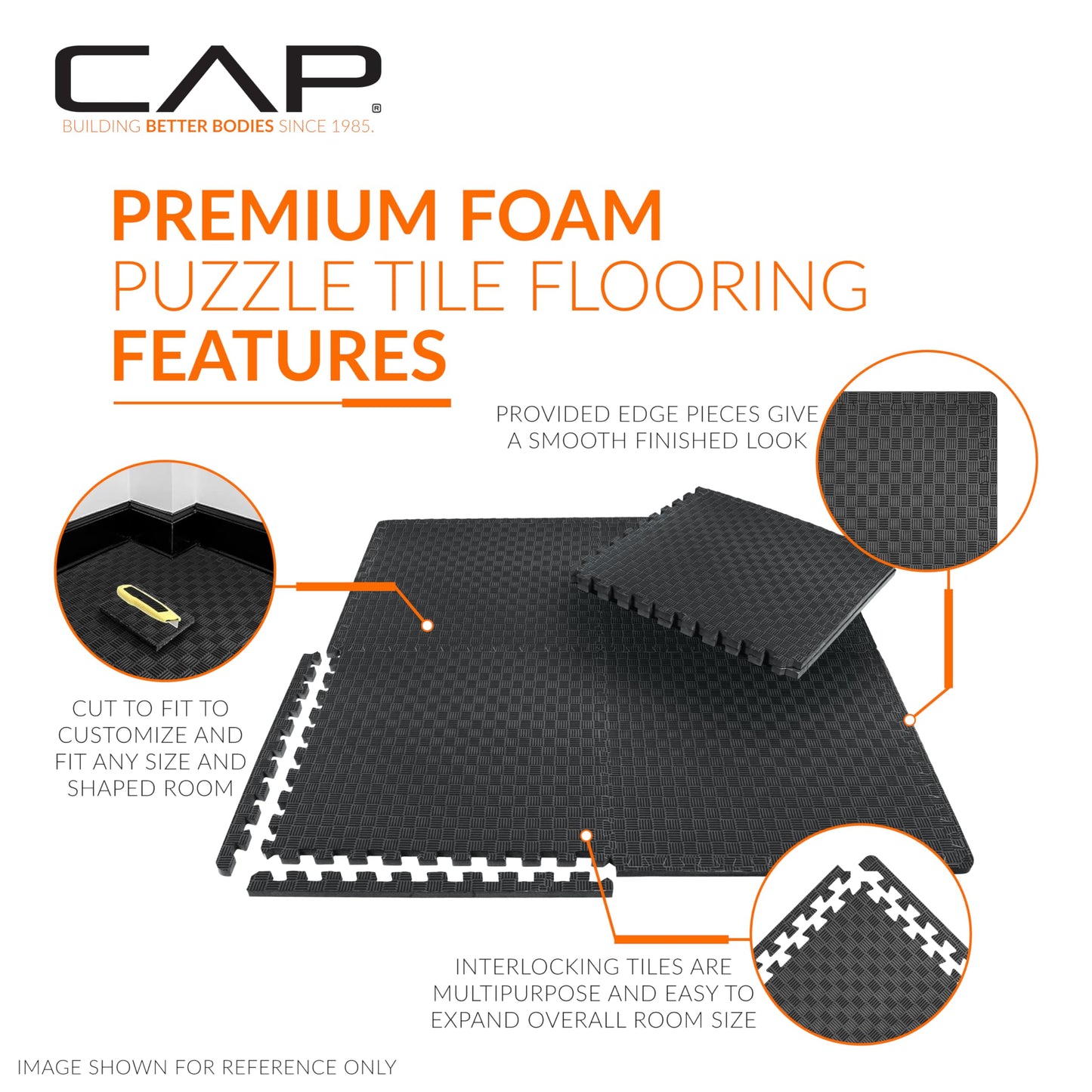 CAP Barbell 1/2-Inch Interlocking EVA Foam Exercise Puzzle Mat Home Gym Flooring - 2 Pack | 24" x 24" x 1/2" | Tatami Pattern - Black