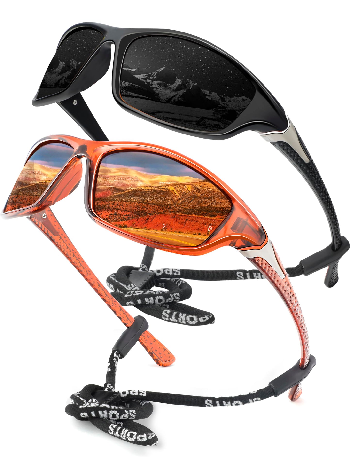 KALIYADI Sports Polarized Sunglasses Men UV400 Protection for Fishing Driving Cycling, Black/Brown, 2 Pack