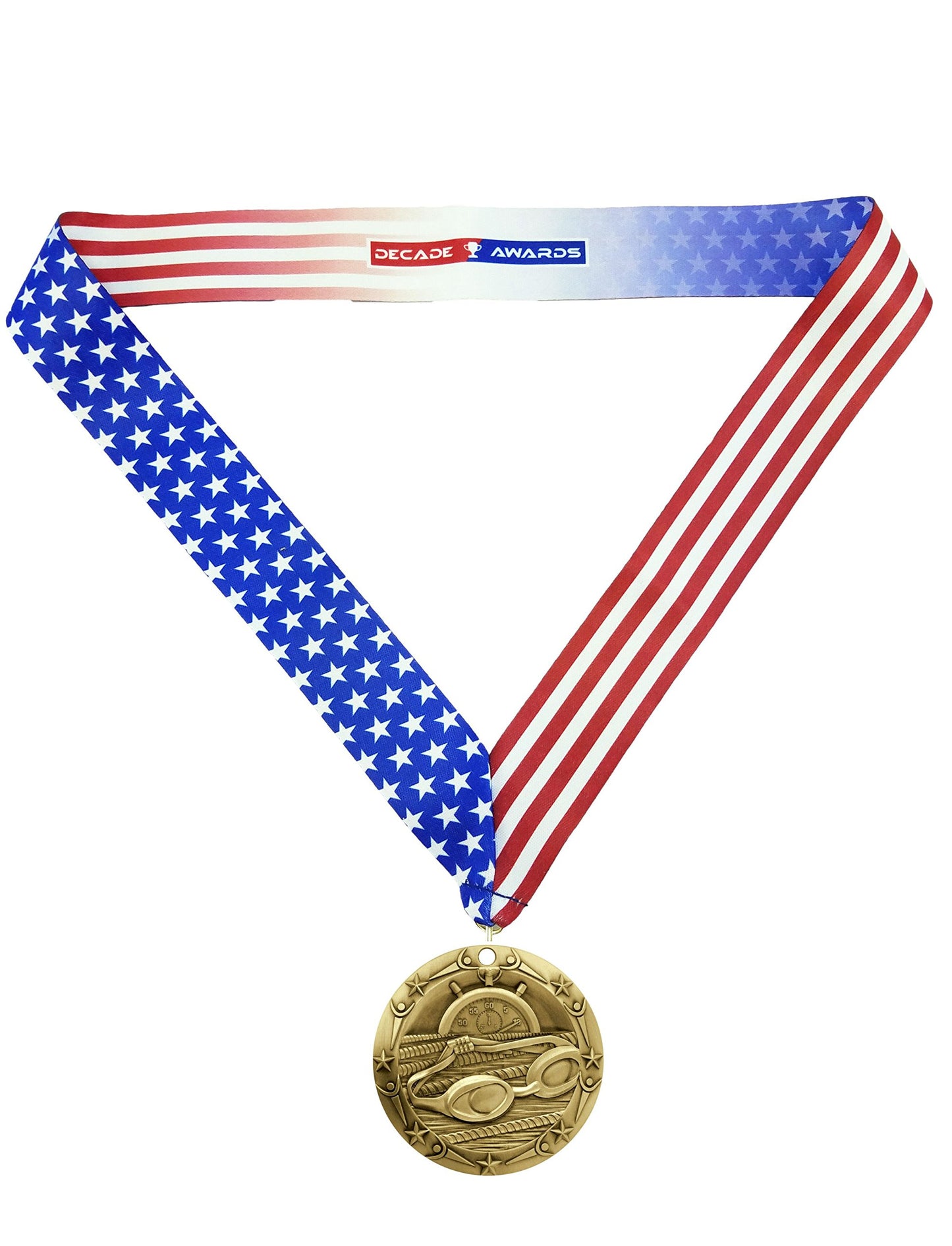 Decade Awards Swimming World Class Medal, Gold - 3 Inch Wide Swim Meet First Place Medallion with Stars and Stripes American Flag V Neck Ribbon