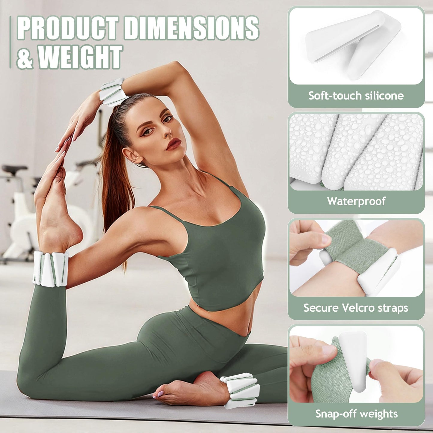 BECOJADDE Ankle Weights Set of 2 (2 lb Each) Wrist Weights for Women Men Adjustable Arm & Leg Weighted Bangles Wristbands for Home Pilates, Walking, Yoga, Workout, Pool Exercise White Green