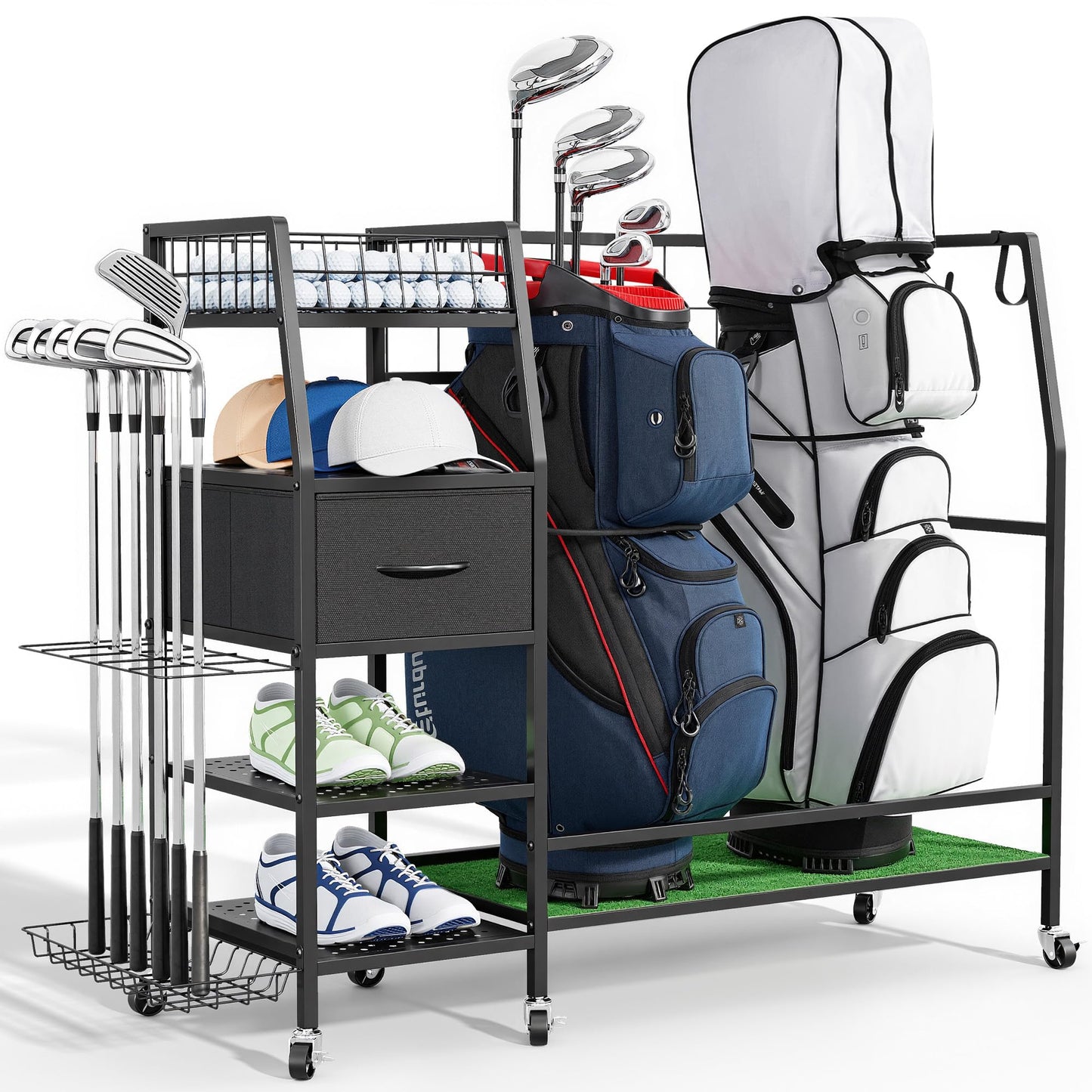 Golf Bag Organizer Storage Rack, Rolling Golf Storage Organizer for Garage with Wheels, 4-Tier Storage, Turf Mat, Carbon Steel