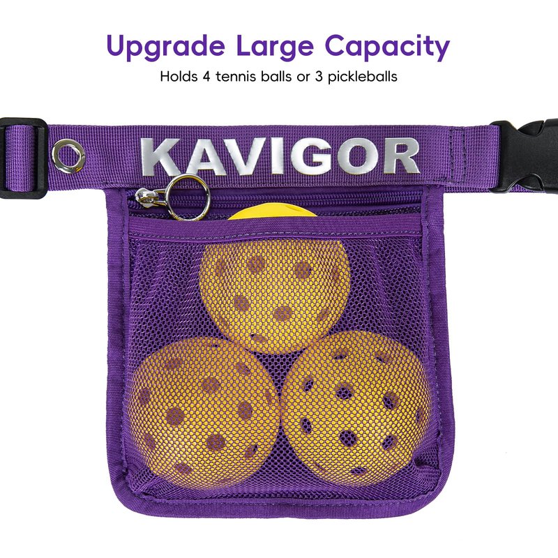 KAVIGOR Pickleball & Tennis Ball Holder Waist Pouch Holds 3-4 Balls, Multi-Functional Sports Belt Bag with Zipper Pocket and Carabiner