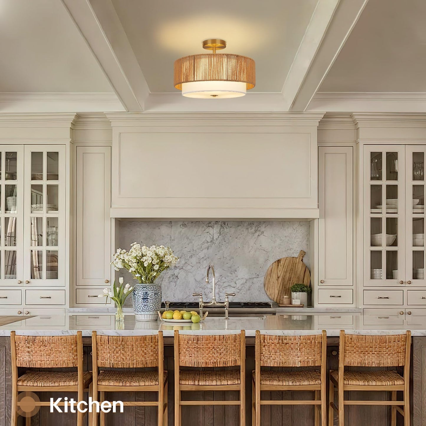 Scyvenra 16'' Semi Flush Mount Ceiling Light Fixture, Boho Light Fixtures with 2-Tier Drum White Fabric Shade, 3-Light Farmhouse Rattan Drum Light Fixture for Bedroom, Living Room, Kitchen