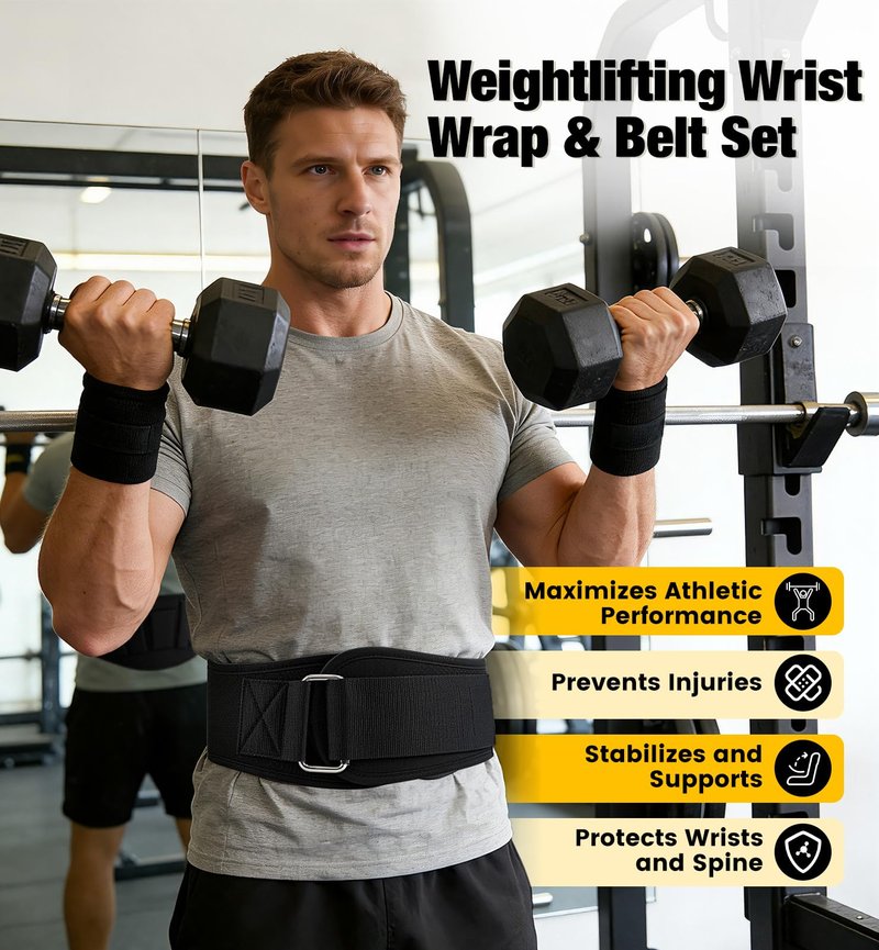 Weightlifting Belt & Wrist Wraps Combo - Auto-Lock Weight Lifting Belt 6.5" Back Support with 0.4" Foam, Adjustable Wrist Wraps for Weightlifting - for Men & Women Beginners & Pros (Black, M)