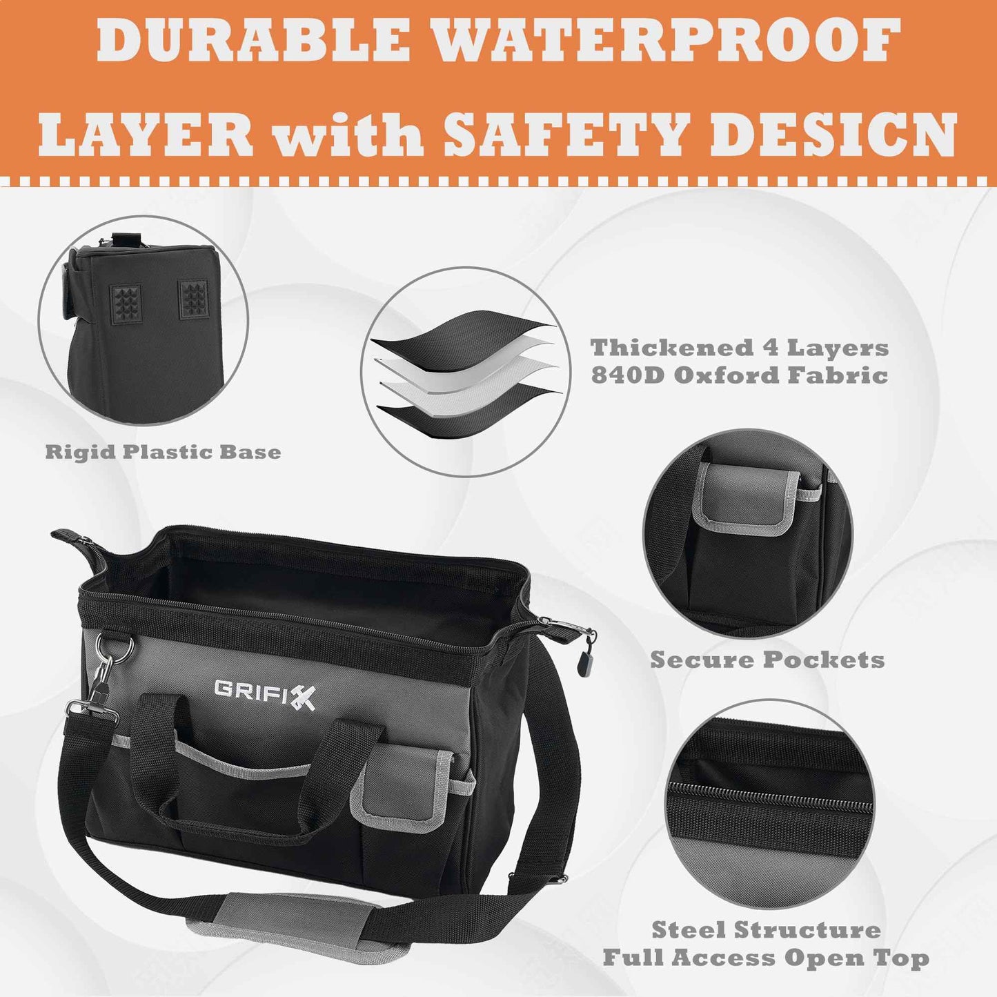 GRIFIX 14-inch Tool Bag, Portable Tool Box Organizer Storage, Wide Mouth Tool Tote Bag with Large Zipper, 14-Pocket Adjustable Shoulder Strap and Ergonomic Handle (14" Standard Base)