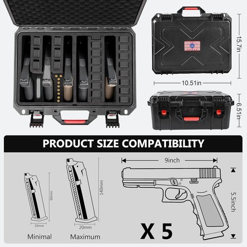 Kinghardcase Gun Cases - Shockproof & Waterproof 5-Pistol Case with 21 Magazine Slots | TSA Approved