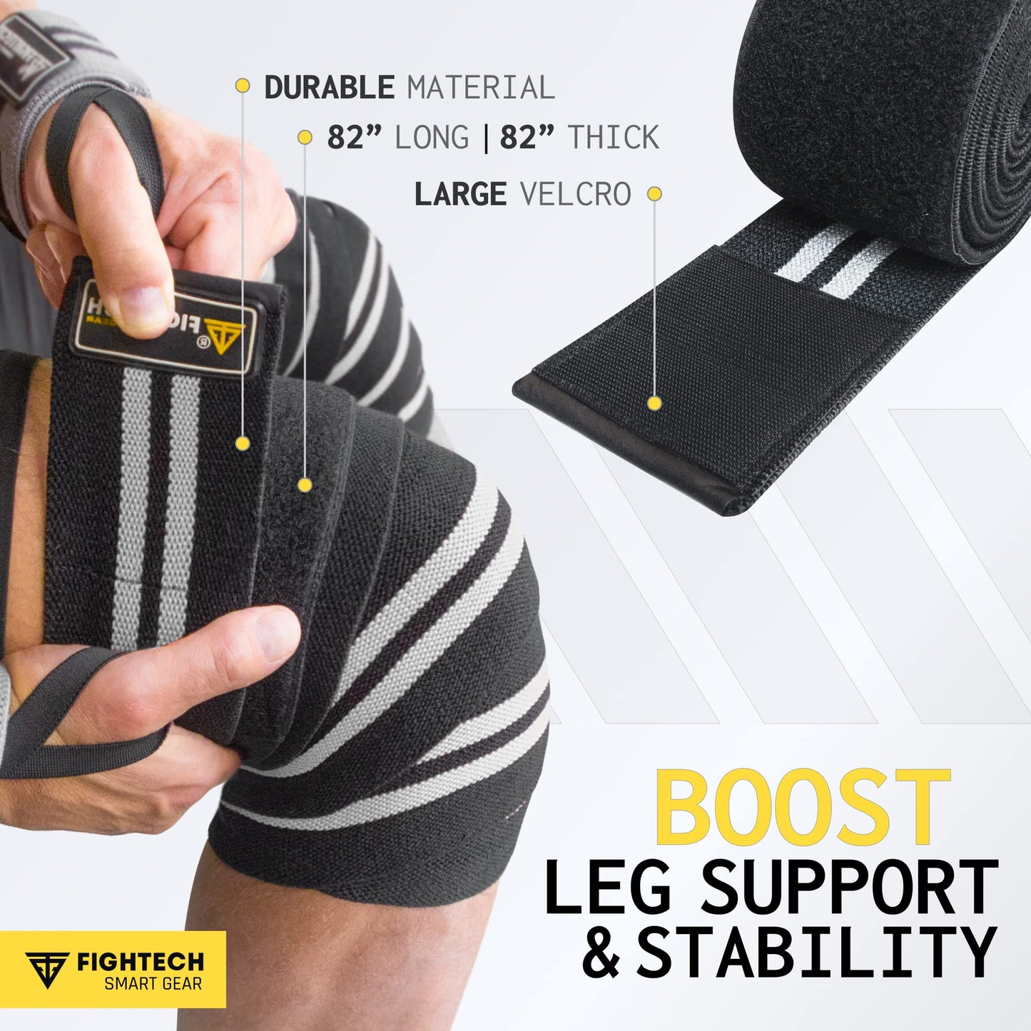 FIGHTECH Knee Wraps for Weightlifting - 82" Long | Men & Women | Ideal for Squats, Leg Press, Cross Training, Bodybuilding, and Gym WODs