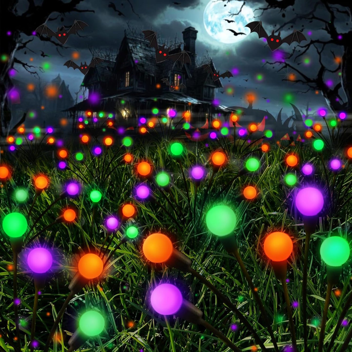 Solar Halloween Pathway Lights - 6 Pack Waterproof Firefly Decor in Orange, Purple & Green