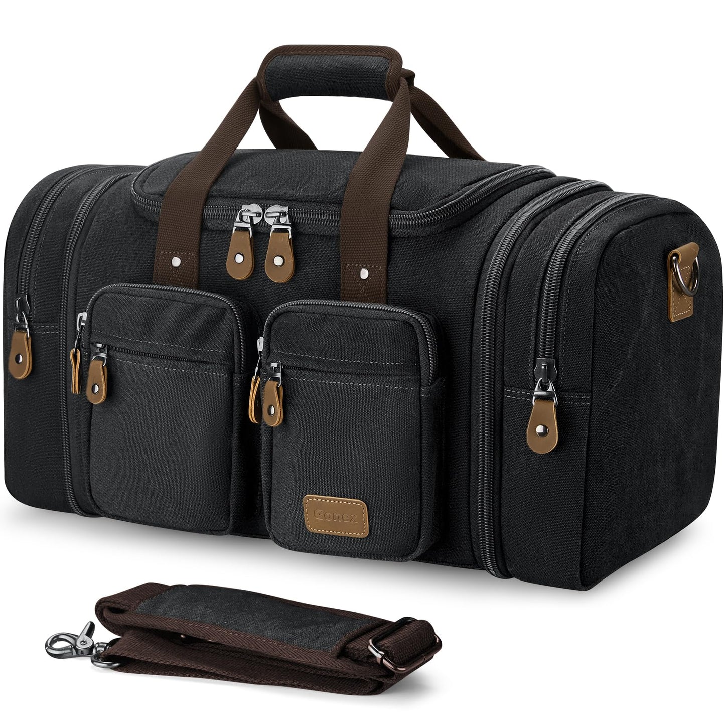 Gonex Canvas Duffle Bag for Travel, Expandable Water Resistant 60L Carry on Duffel Overnight Weekender Gym Bag with Wet Dry Separation Pocket & Suitcase Handle Sleeve, Dark Grey