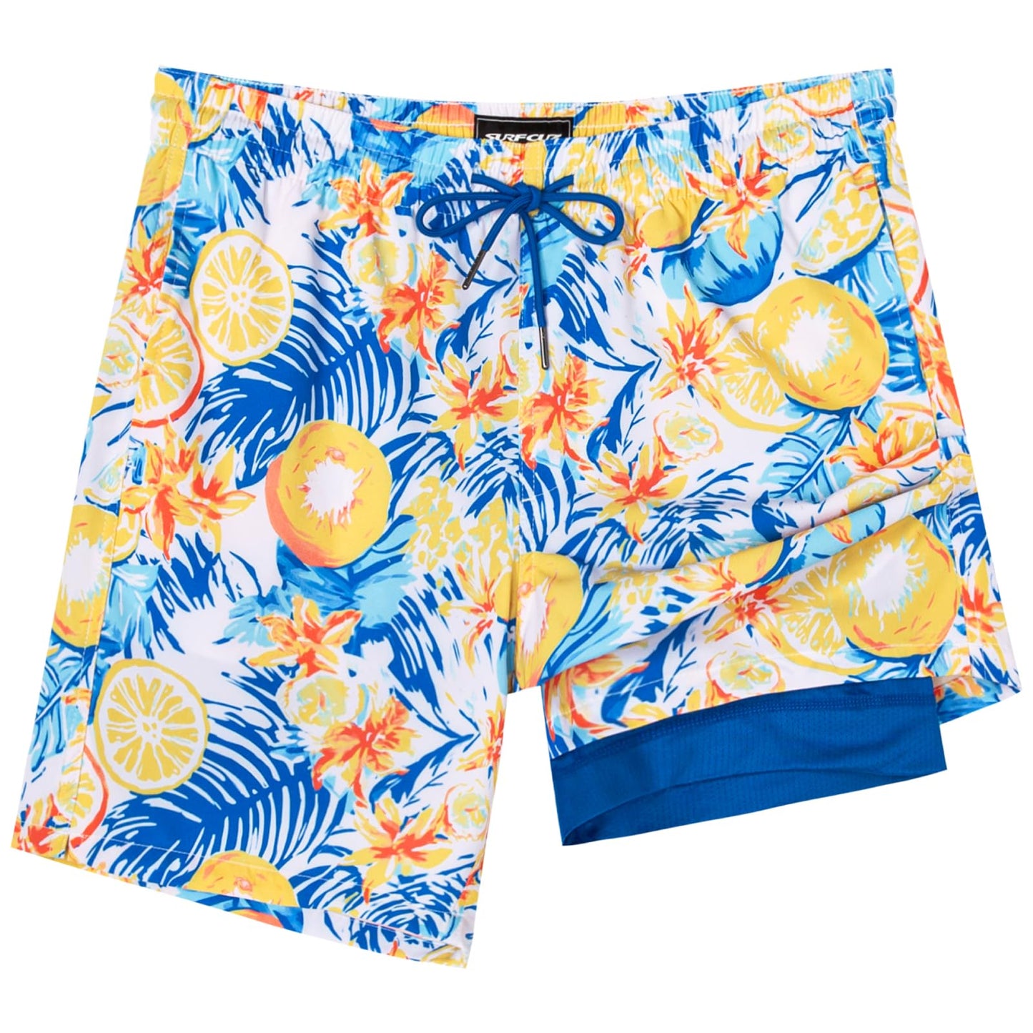 SURF CUZ Mens Swim Trunks with Compression Liner Quick Dry 7" Swimming Trunks Stretch Zipper Pockets, Fresh Fruit, Blue, Medium, Adult Men