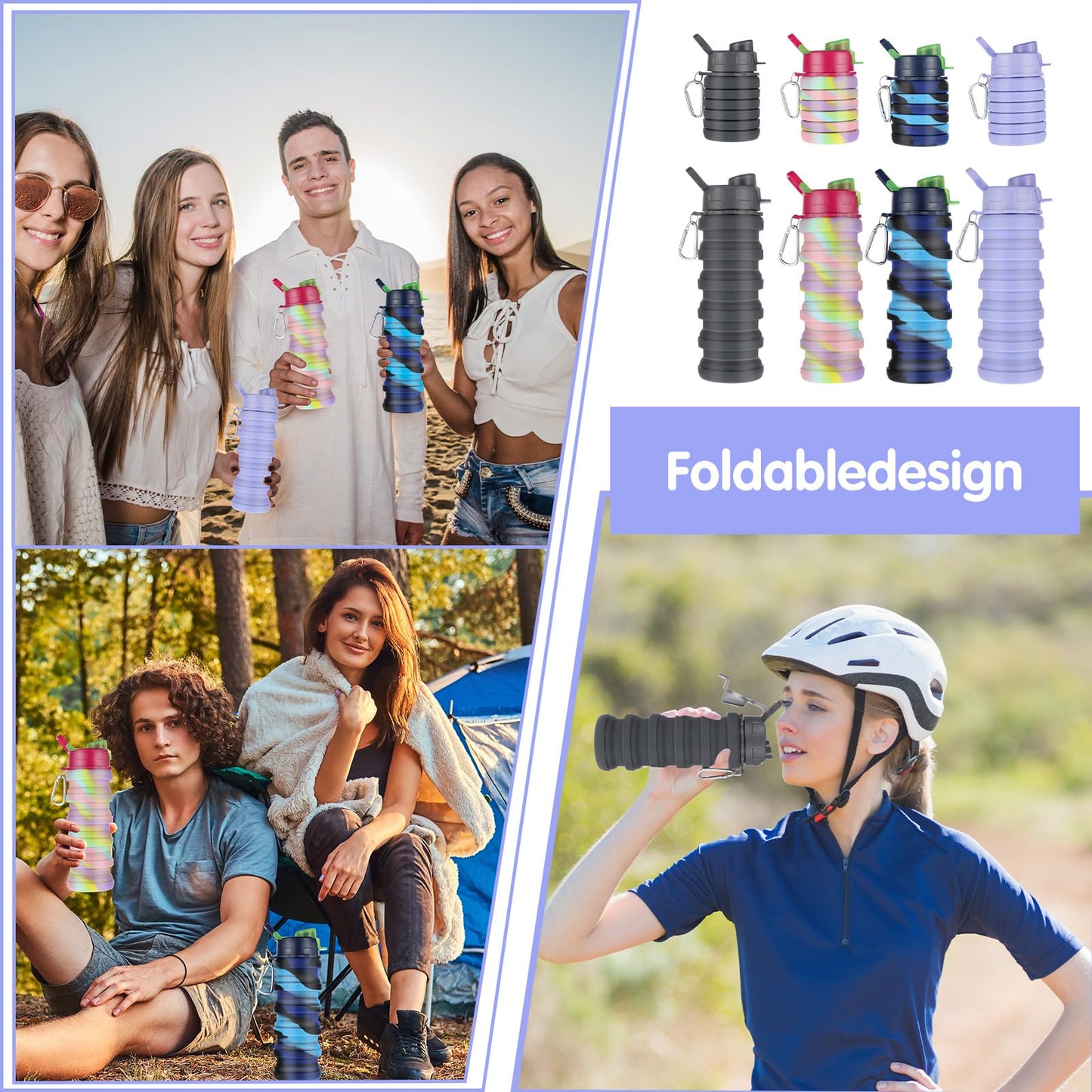 MAQUITA 4 Pcs Collapsible Water Bottles 16 oz Portable Foldable Water Bottles Silicone Leak Proof Travel Water Bottle Reusable Sports Water Bottle with Metal Clip for Camping Hiking Travel