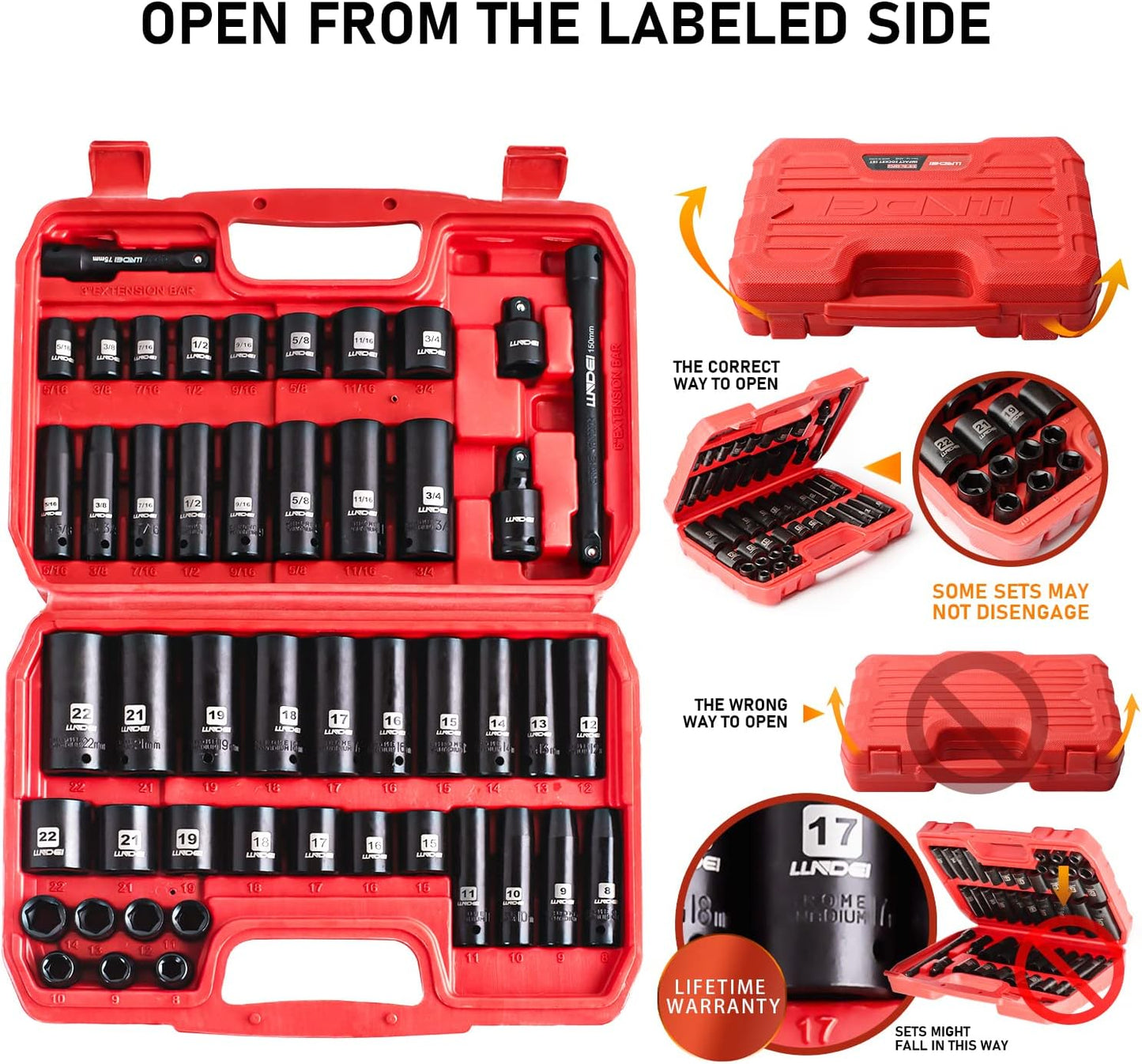 52-Piece Impact Socket Set with 72-Tooth Ratchet & Adapter - Metric & SAE Mechanic Tools for Automotive Repair