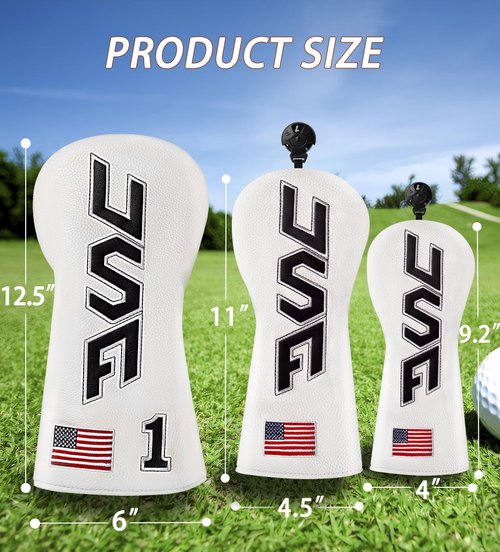 Honmeday Golf Head Cover Set with USA Flag Cross-Stitch for Golf Club Driver Fairway Hybrid (White-3pcs)