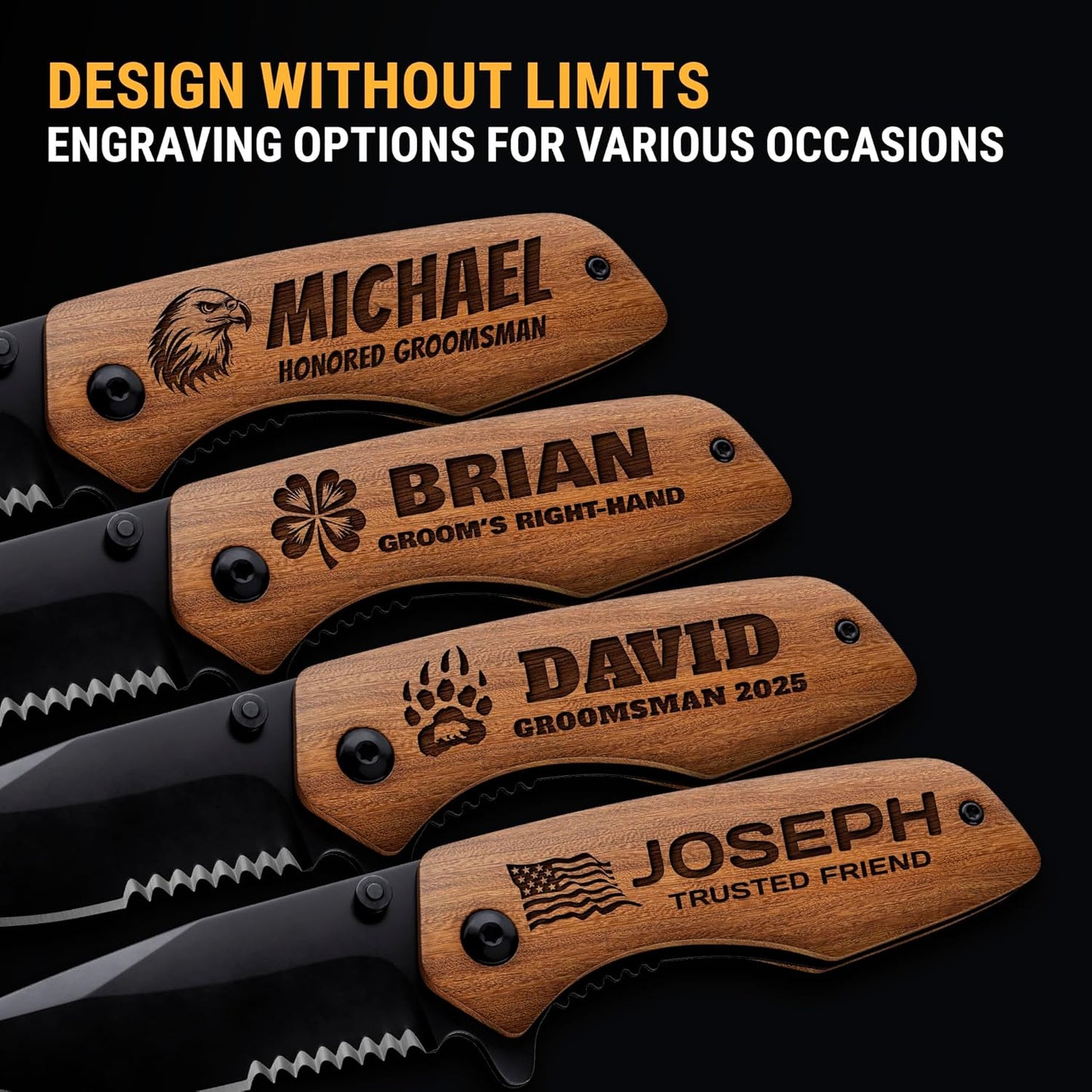 Skiennix Personalized Pocket Knife Set - Custom Engraved Folding Knives for Groomsmen | 3-Piece Gift Set