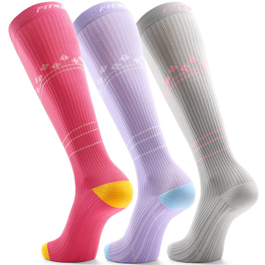FITRELL 3 Pairs Compression Socks for Women and Men 20-30mmHg- Muscle Support Socks for Travel, Running, Nurse, Knee High Socks, Grey+Lavender+Pink L/XL
