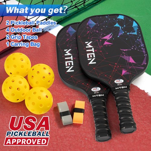 MTEN Pickleball Paddles Set of 2, USAPA Approved Fiberglass Surface Pickleball Set with 2 Pickleball Rackets,4 Pickleball Balls,1 Portable Carry Bag, Pickle Racket Set for Men Women