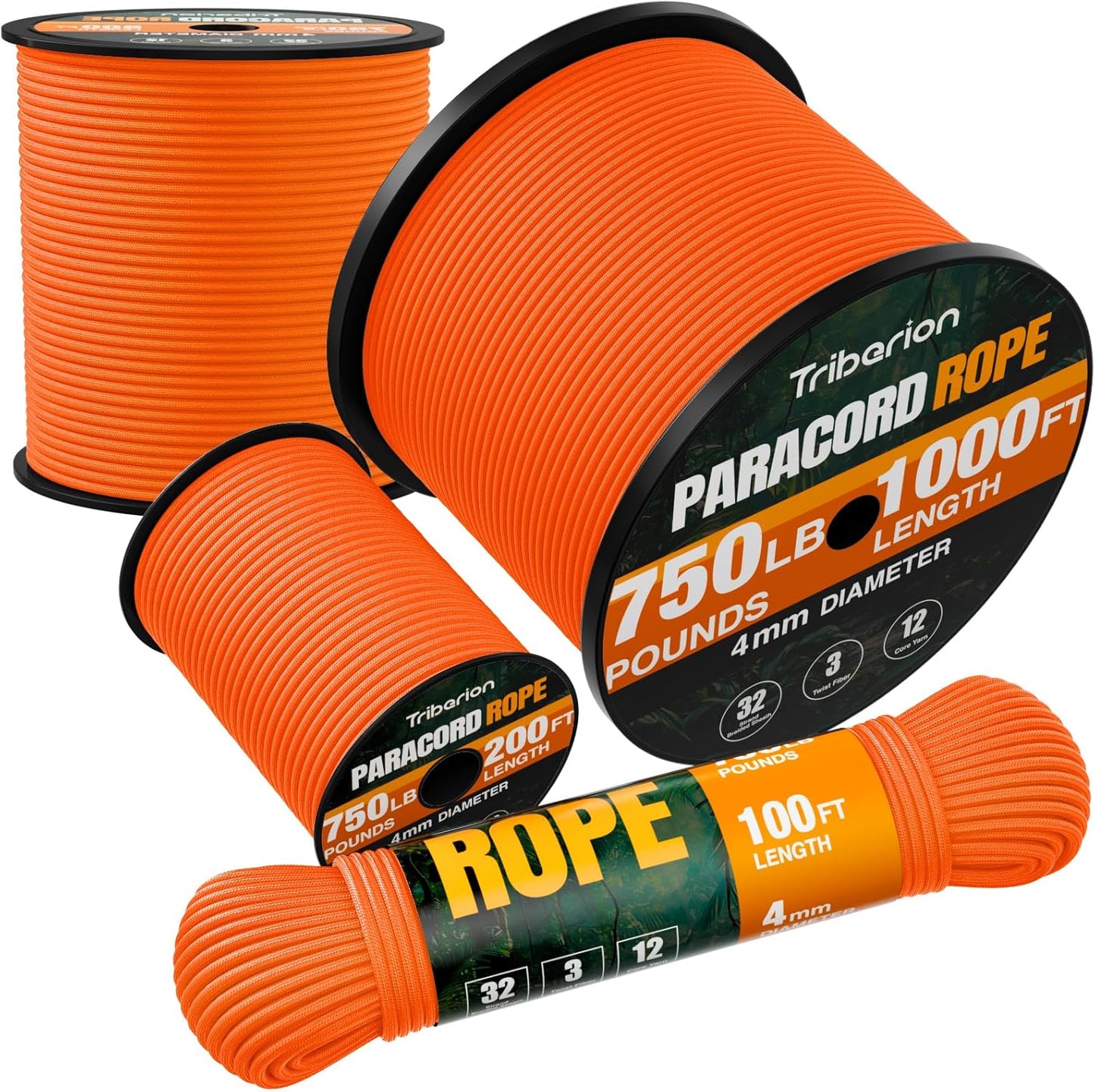 Paracord Rope 750 lb - 500ft Heavy Duty 12-Strand Parachute Cord | Orange Survival & Camping Gear
