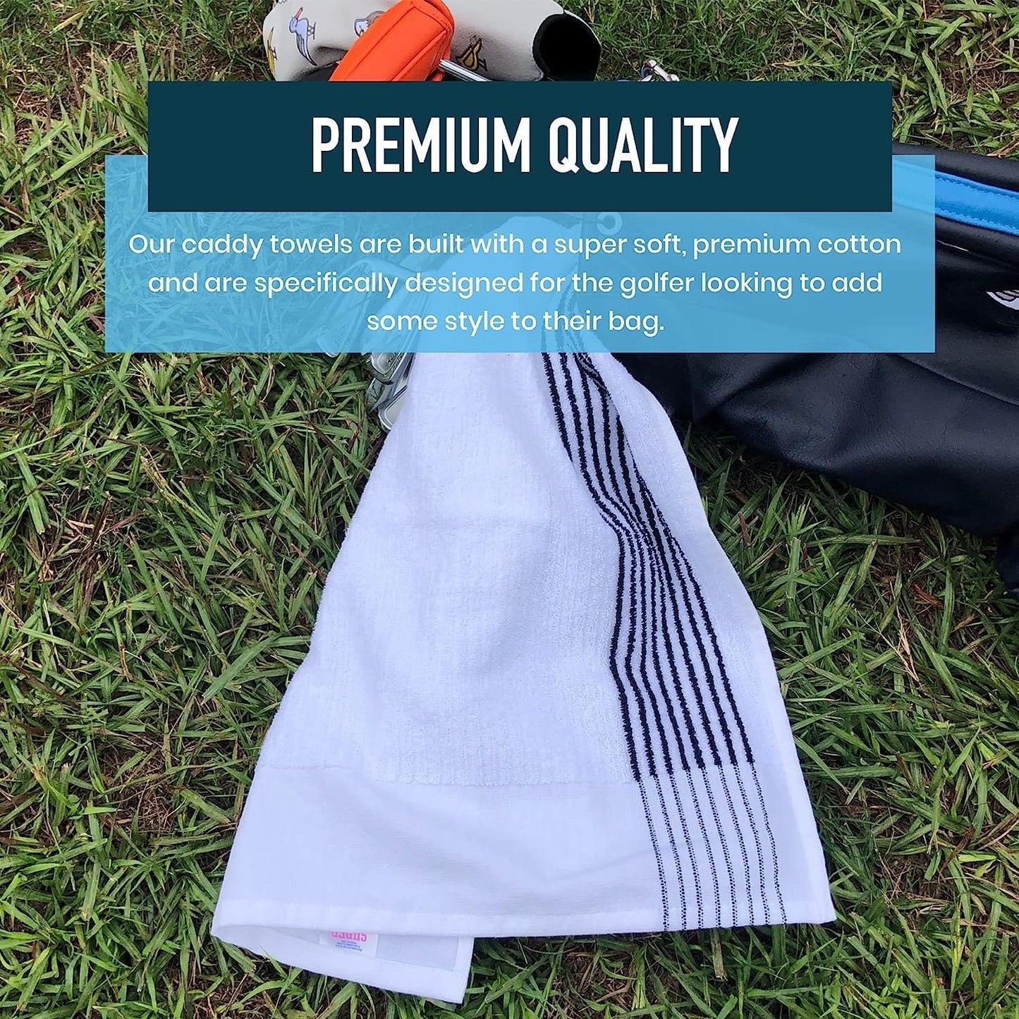 E9 GOLF Caddy Towel - Large 22" x 44" Caddie Style Golf Towel Design, Use The Same Golf Towel That Tour Players Use, Simple, Clean Design, White with Black Stripes