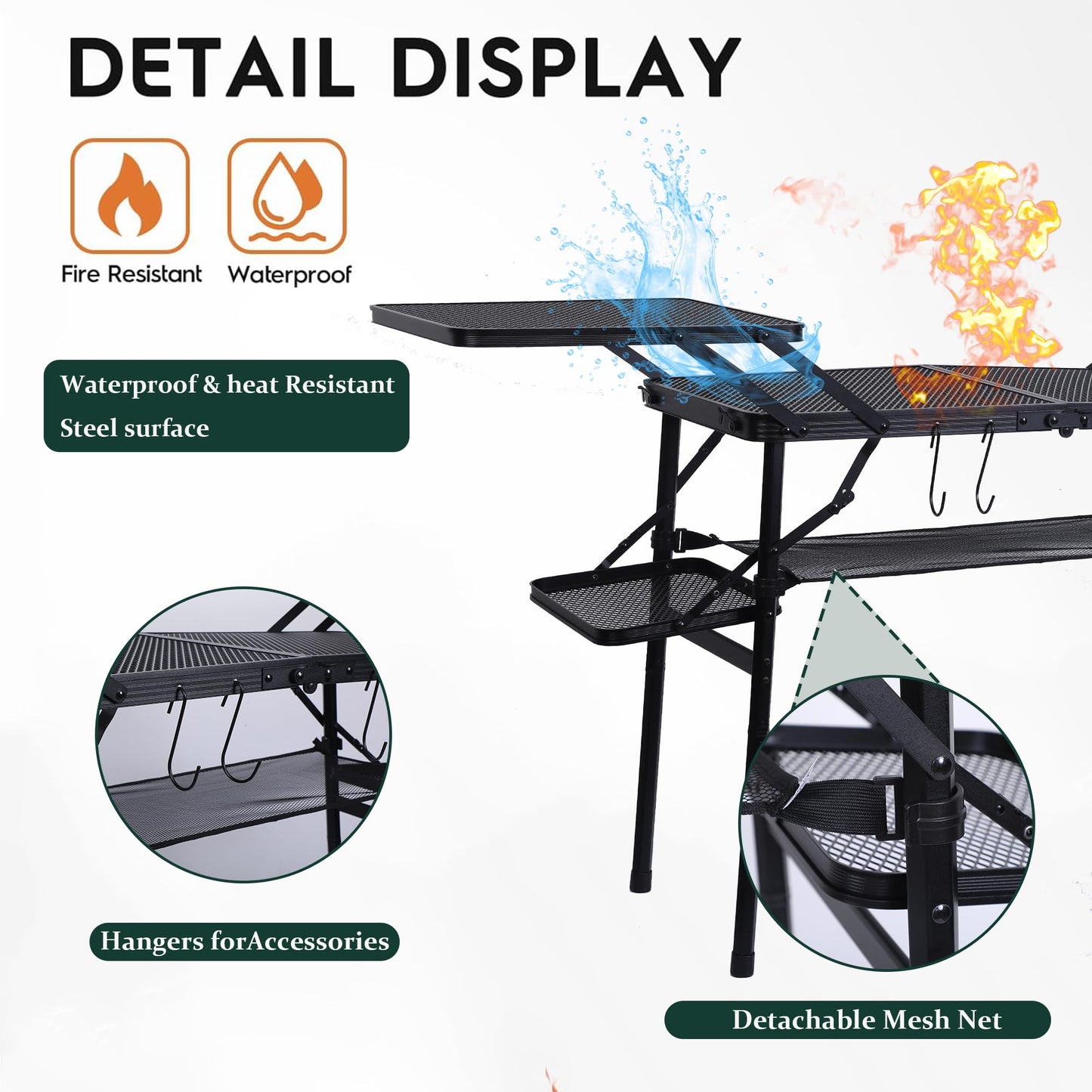 Nice C Camping Table, Compact Folding Tailgate Grill Table, Outdoor Metal Tables, Fold Up Lightweight with 4 Side Tables & Mesh Net for BBQ, Camping, Picnic